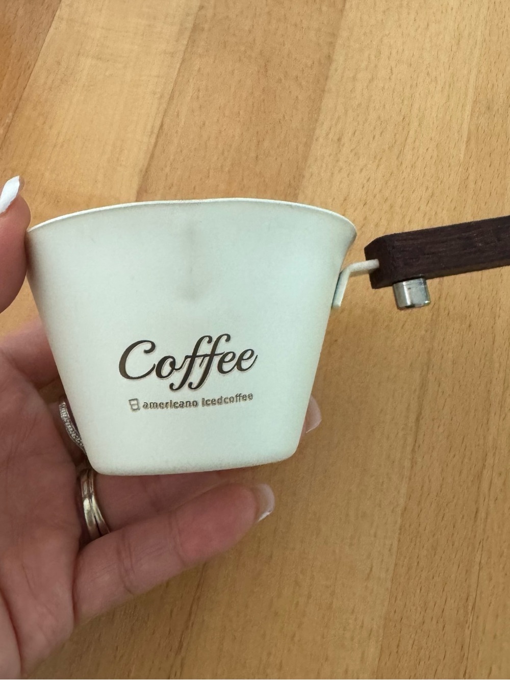 White espresso shot cup with Wooden Handle